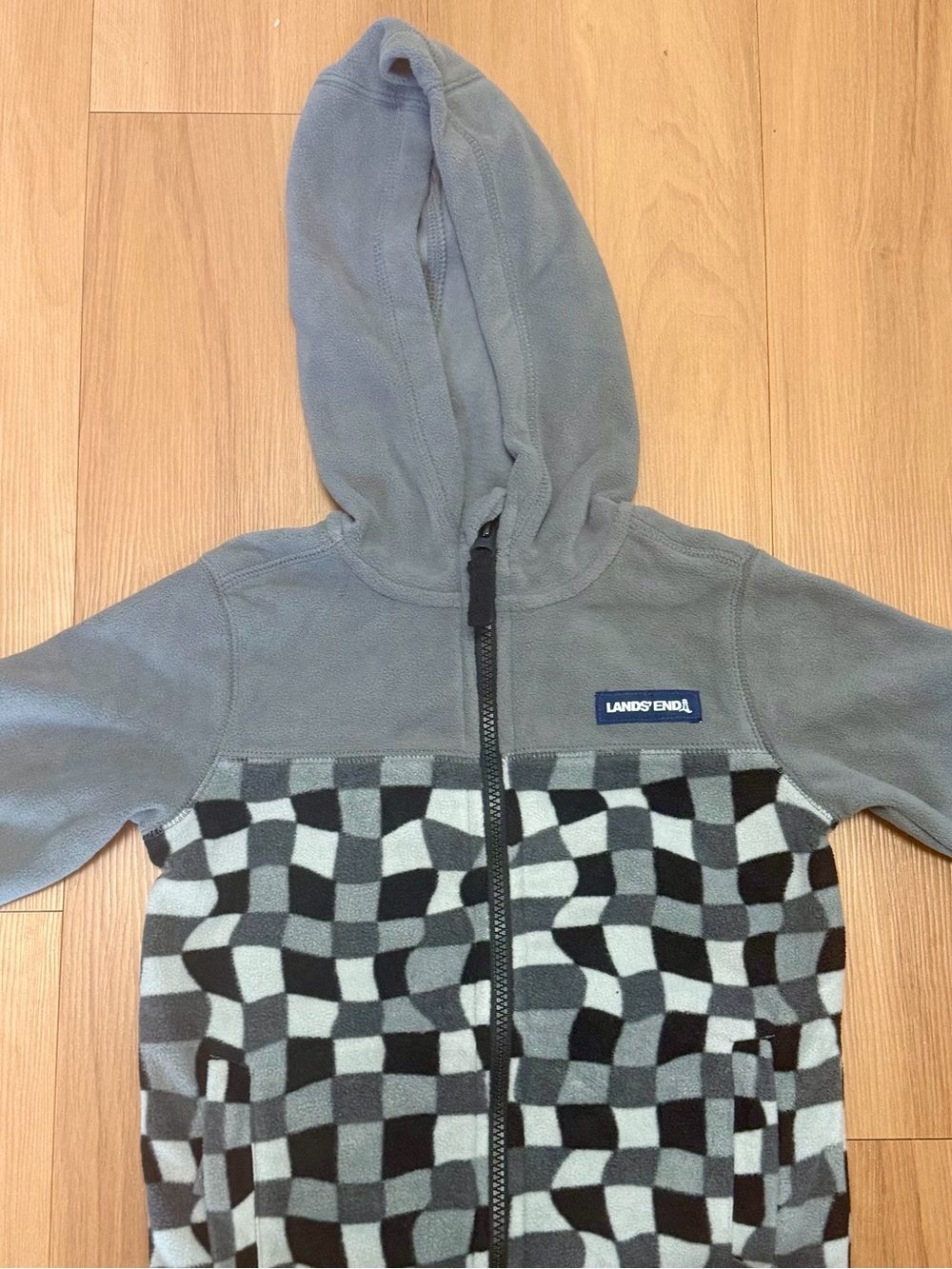 Lands' End Gray Hooded Fleece Zip Jacket with Patterned Panel